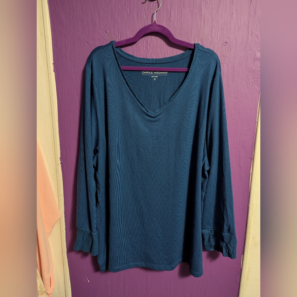 💜 Carole Hochman Blue Soft Round V-Neck Long Sleeve Sweater 2X 18 20